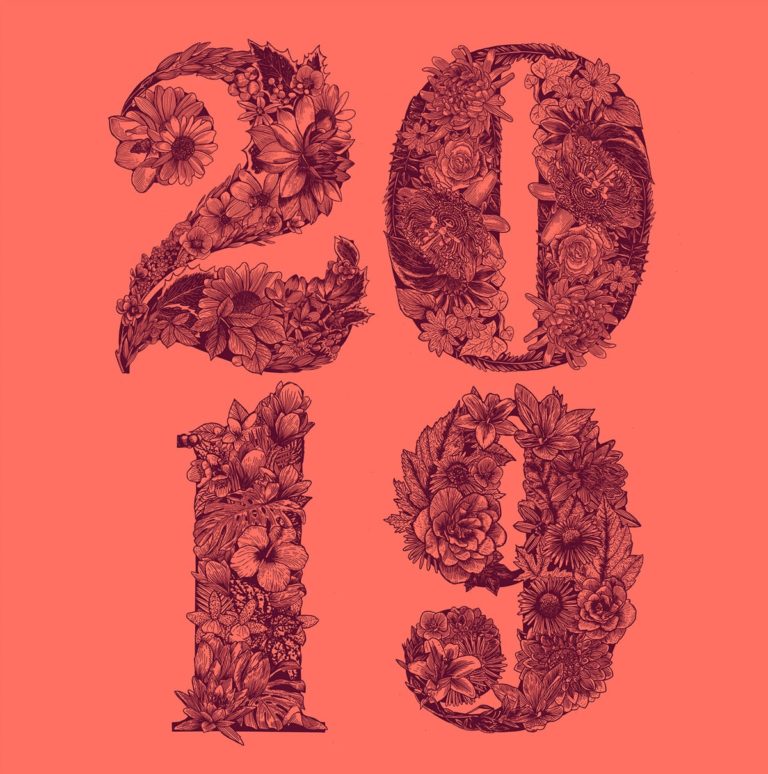 Floral typography artwork on a living coral (pink) background