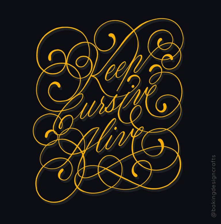 Custom cursive Lettering work, gold letters on a black background